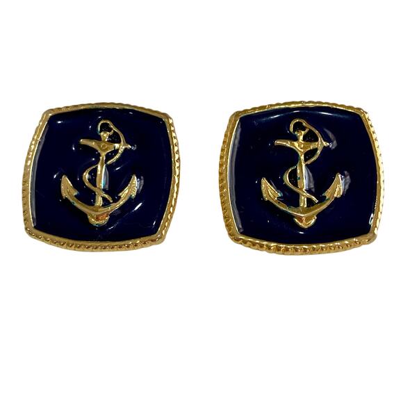 Vintage Nautical Anchor Shoe or Purse Clips Square Gold Tone & Navy Blue Enamel - Picture 1 of 5